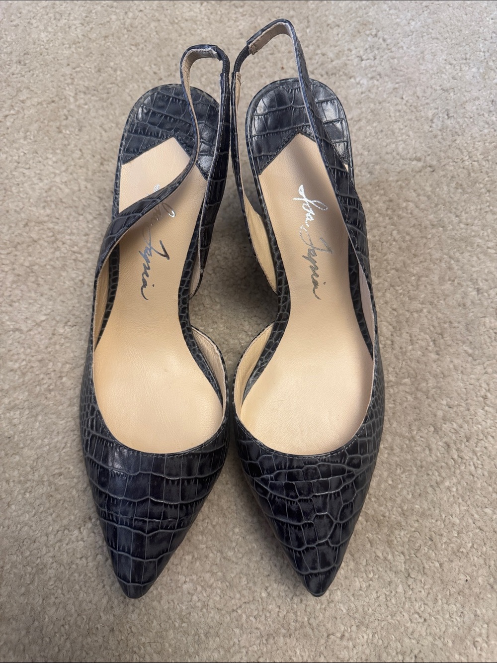 Croc-Embossed Pointed Slingback Heels in Black